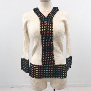 Vintage 70s Surfer Rainbow Stripe Baja Hoodie Cream